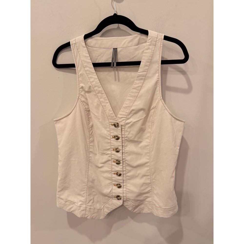 Anthropologie Cream Button Down Vest V-Neck Contrast Stitch XL OB2196949